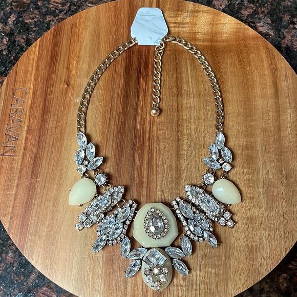 Glam Bib Statement Necklace Crystals Gold Silver Cream Gems - Picture 5 of 5